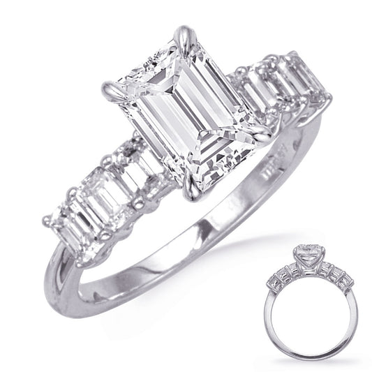 This Engagement Ring is available in 14K White Gold. There are a total of 6 stones. There are Emerald Cut with a total carat weight of 1.05 set in a setting.
