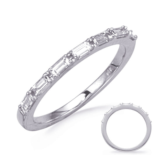 This Band is available in 14K White Gold. There are a total of 7 stones. There are Baguette with a total carat weight of 0.38 set in a setting.