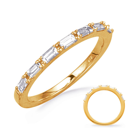 This Band is available in 14K Yellow Gold. There are a total of 7 stones. There are Baguette with a total carat weight of 0.38 set in a setting.