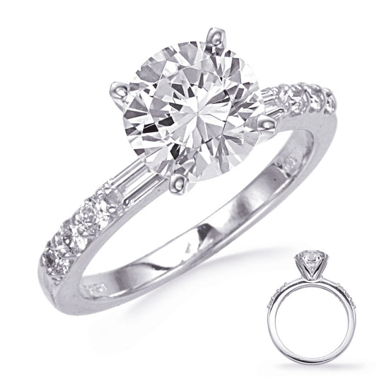 This Engagement Ring is available in 14K White Gold. There are a total of 8 stones. There are Baguette with a total carat weight of 0.2 set in a setting.There are Rounds stones with a total carat weight of 0.21 set in a .
