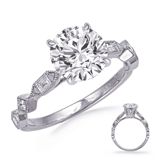 This Engagement Ring is available in 14K White Gold. There are a total of 16 stones. There are Baguette with a total carat weight of 0.15 set in a Channel Set|Micro Prong setting.There are Rounds stones with a total carat weight of 0.05 set in a Channel Set|Micro Prong.
