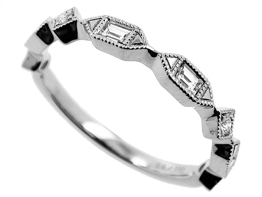 This Band is available in 14K White Gold. There are a total of 8 stones. There are Baguette with a total carat weight of 0.15 set in a Channel Set|Micro Prong setting.There are Round stones with a total carat weight of 0.05 set in a Channel Set|Micro Prong.