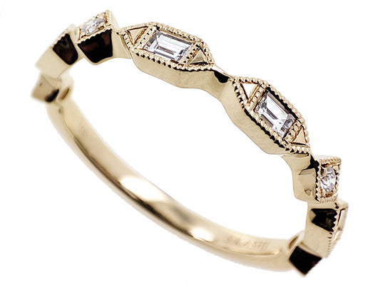 This Band is available in 14K Yellow Gold. There are a total of 8 stones. There are Baguette with a total carat weight of 0.15 set in a Channel Set|Micro Prong setting.There are Round stones with a total carat weight of 0.05 set in a Channel Set|Micro Prong.