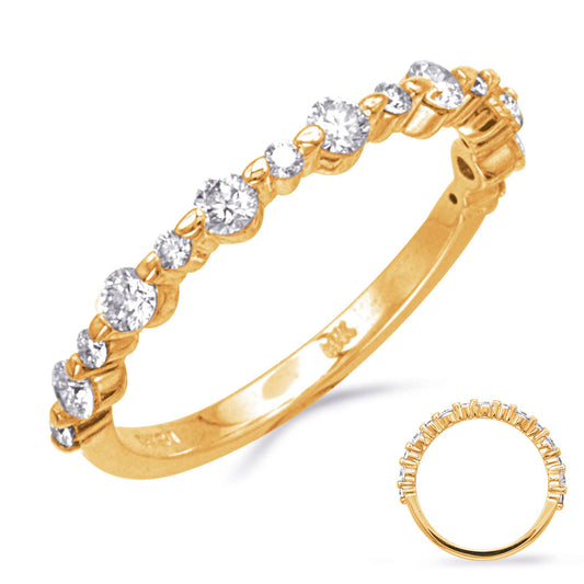 This Band is available in 14K Yellow Gold. There are a total of 15 stones. There are Round with a total carat weight of 0.45 set in a Shared Prongs setting.