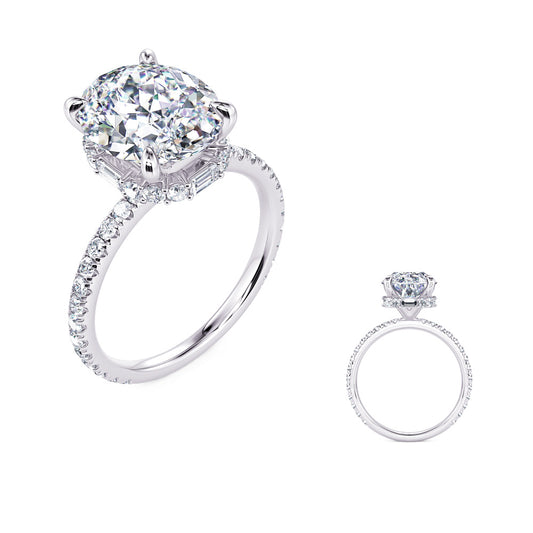 This Engagement Ring is available in 14K White Gold. There are a total of 44 stones. There are Baguette with a total carat weight of 0.1 set in a Micro Prong|Prong Set setting.There are Rounds stones with a total carat weight of 0.46 set in a Micro Prong|Prong Set.