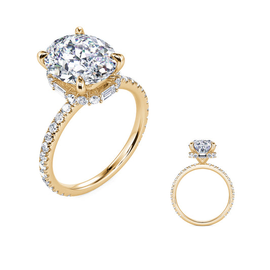 This Engagement Ring is available in 14K Yellow Gold. There are a total of 44 stones. There are Baguette with a total carat weight of 0.06 set in a Micro Prong|Prong Set setting.There are Rounds stones with a total carat weight of 0.43 set in a Micro Prong|Prong Set.