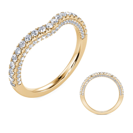 This Band is available in 14K Yellow Gold. There are a total of 50 stones. There are Round with a total carat weight of 0.44 set in a Micro Prong setting.