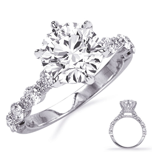 This Engagement Ring is available in 14K White Gold. There are a total of 34 stones. There are Rounds with a total carat weight of 0.92 set in a Micro Prong setting.