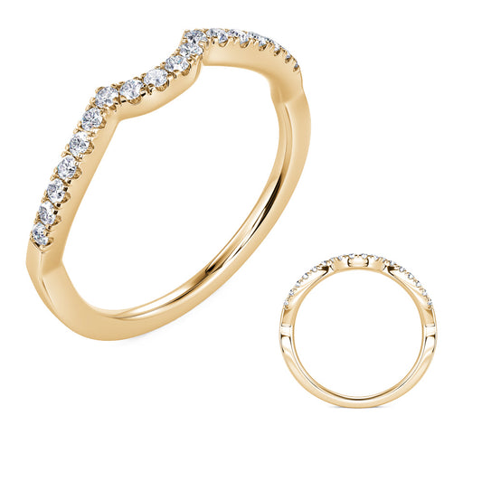 This Band is available in 14K Yellow Gold. There are a total of 16 stones. There are Round with a total carat weight of 0.14 set in a Prong Set setting.