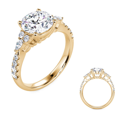 This Engagement Ring is available in 14K Yellow Gold. There are a total of 14 stones. There are Marquise with a total carat weight of 0.08 set in a Prong Set setting.There are Rounds stones with a total carat weight of 0.26 set in a Prong Set.