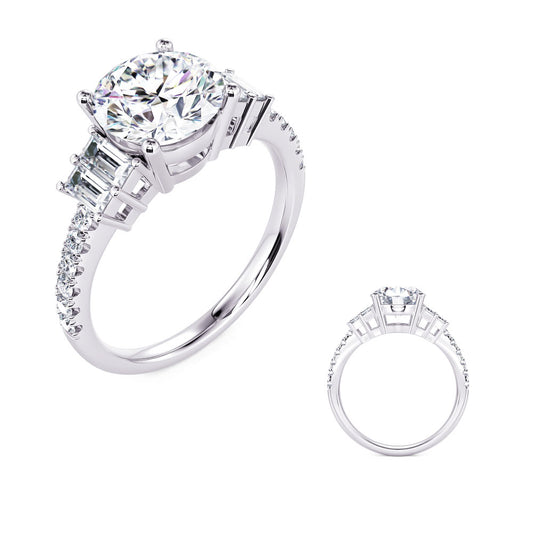 This Engagement Ring is available in 14K White Gold. There are a total of 16 stones. There are Baguette with a total carat weight of 0.34 set in a Prong Set setting.There are Rounds stones with a total carat weight of 0.17 set in a Prong Set.