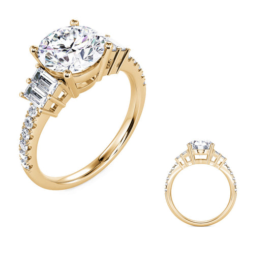 This Engagement Ring is available in 14K Yellow Gold. There are a total of 16 stones. There are Baguette with a total carat weight of 0.34 set in a Prong Set setting.There are Rounds stones with a total carat weight of 0.17 set in a Prong Set.