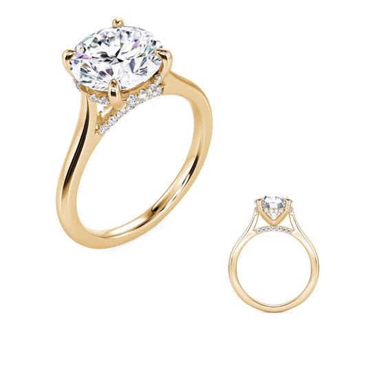 This Engagement Ring is available in 14K Yellow Gold. There are a total of 32 stones. There are Rounds with a total carat weight of 0.15 set in a Micro Prong setting.