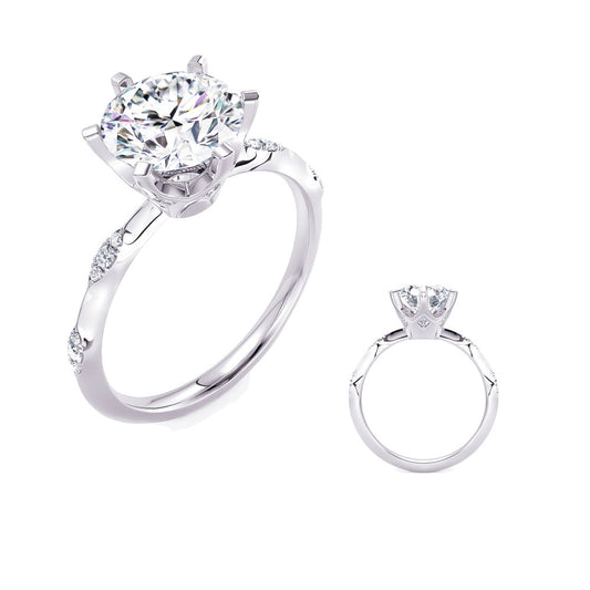 This Engagement Ring is available in 14K White Gold. There are a total of 18 stones. There are Rounds with a total carat weight of 0.11 set in a Prong Set setting.