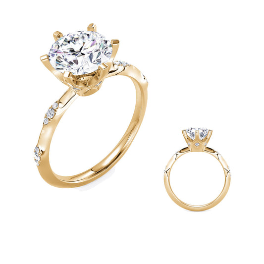 This Engagement Ring is available in 14K Yellow Gold. There are a total of 18 stones. There are Rounds with a total carat weight of 0.11 set in a Prong Set setting.