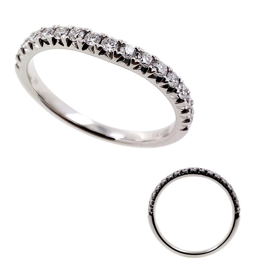 This Band is available in 14K White Gold. There are a total of 17 stones. There are Round with a total carat weight of 0.31 set in a Micro Prong setting.