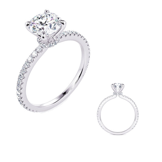 This Engagement Ring is available in 14K White Gold. There are a total of 42 stones. There are Rounds with a total carat weight of 0.36 set in a Micro Prong setting.