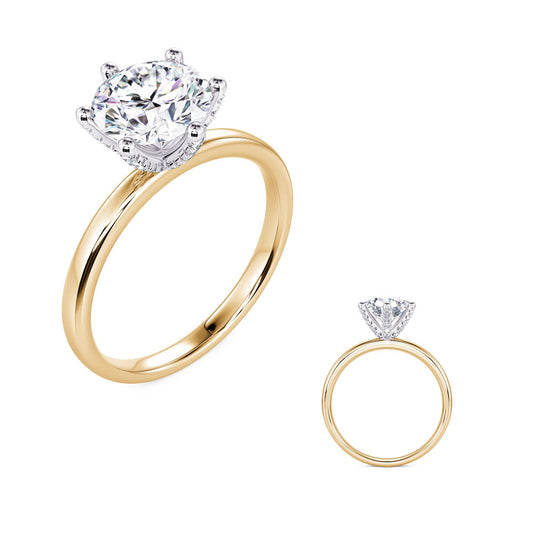 This Engagement Ring is available in 14K Yellow & White Gold. There are a total of 30 stones. There are Rounds with a total carat weight of 0.11 set in a Micro Prong setting.