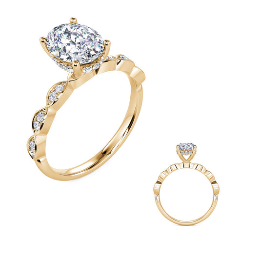 This Engagement Ring is available in 14K Yellow Gold. There are a total of 26 stones. There are Rounds with a total carat weight of 0.15 set in a Micro Prong setting.