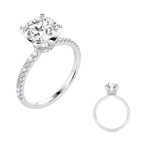This Engagement Ring is available in 14K White Gold. There are a total of 32 stones. There are Rounds with a total carat weight of 0.23 set in a Micro Prong setting.