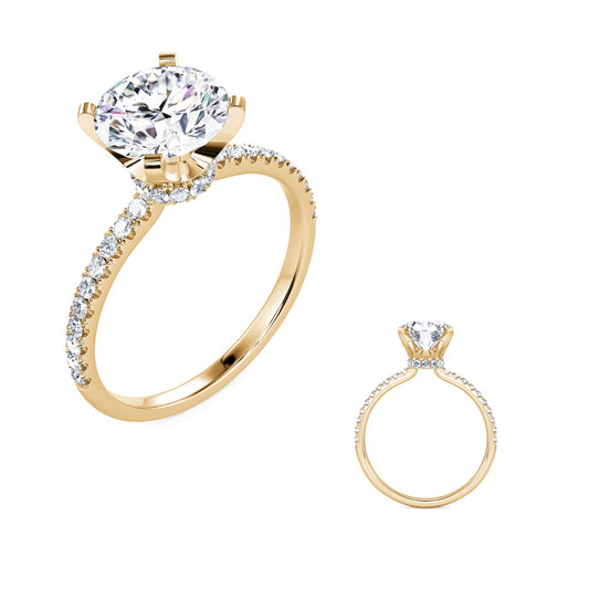 This Engagement Ring is available in 14K Yellow Gold. There are a total of 32 stones. There are Rounds with a total carat weight of 0.23 set in a Micro Prong setting.