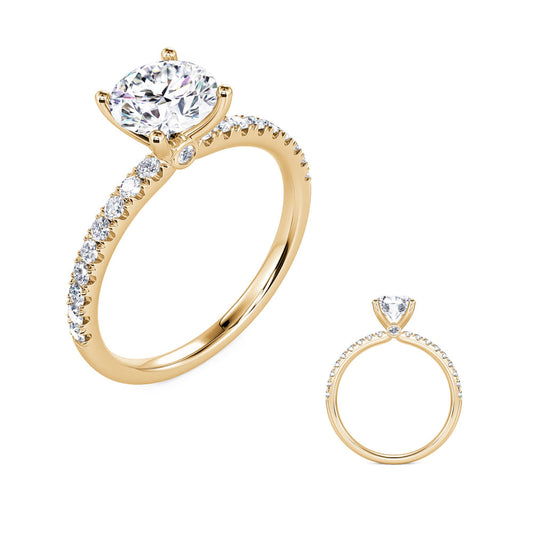 This Engagement Ring is available in 14K Yellow Gold. There are a total of 20 stones. There are Rounds with a total carat weight of 0.24 set in a Micro Prong setting.