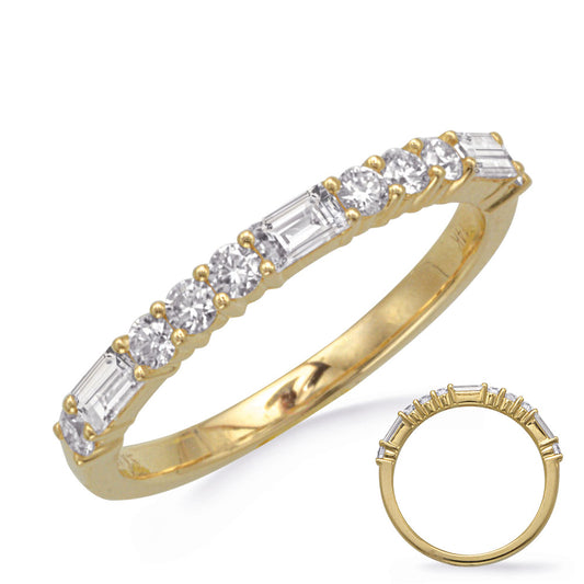This Band is available in 14K Yellow Gold. There are a total of 11 stones. There are Baguette with a total carat weight of 0.28 set in a Prong Set setting.There are Round stones with a total carat weight of 0.26 set in a Prong Set.