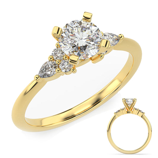 This Engagement Ring is available in 14K Yellow Gold. There are a total of 6 stones. There are Pear Shape with a total carat weight of 0.15 set in a Prong Set setting.There are Rounds stones with a total carat weight of 0.14 set in a Prong Set.