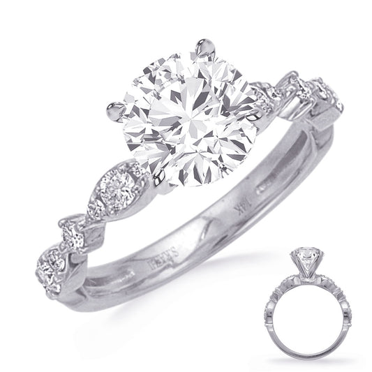 This Engagement Ring is available in 14K White Gold. There are a total of 14 stones. There are Rounds with a total carat weight of 0.34 set in a Prong Set|Shared Prongs setting.