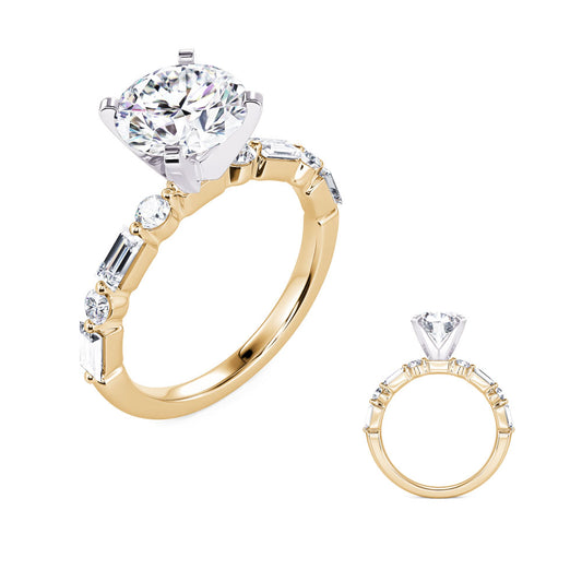 This Engagement Ring is available in 14K Yellow & White Gold. There are a total of 8 stones. There are Baguette with a total carat weight of 0.4 set in a Channel Set|Prong Set setting.There are Rounds stones with a total carat weight of 0.16 set in a Channel Set|Prong Set.
