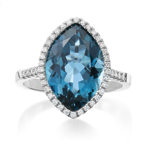 Marquise London Blue Topaz and Diamond Halo Ring PJ-FD15905/LBT/14W/XA