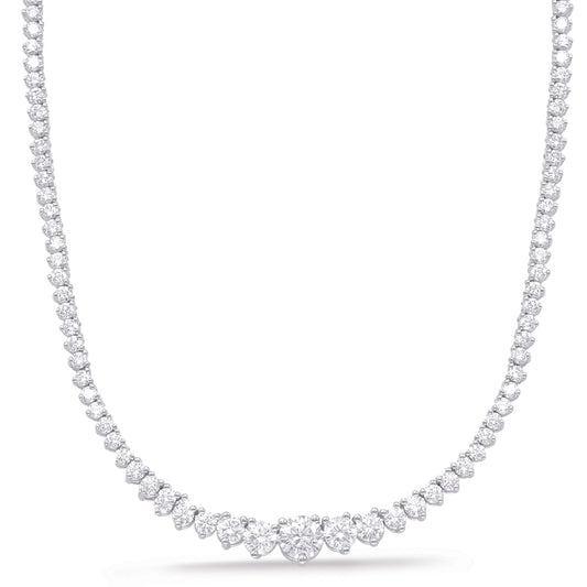 This Necklace is available in 14K White Gold. There are a total of 218 stones. There are Rounds with a total carat weight of 5.67 set in a  setting.