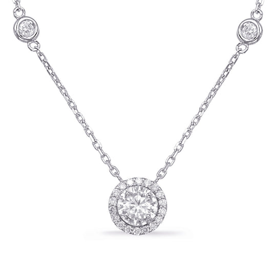 This Necklace is available in 14K White Gold. There are a total of 26 stones. There are Rounds with a total carat weight of 0.73 set in a  setting.
