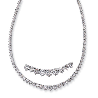 This Necklace is available in 14K White Gold. There are a total of 153 stones. There are Rounds with a total carat weight of 9.76 set in a Prong Set setting.