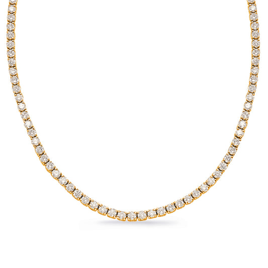 This Necklace is available in 14K Yellow Gold. There are a total of 142 stones. There are Rounds with a total carat weight of 8.08 set in a  setting.