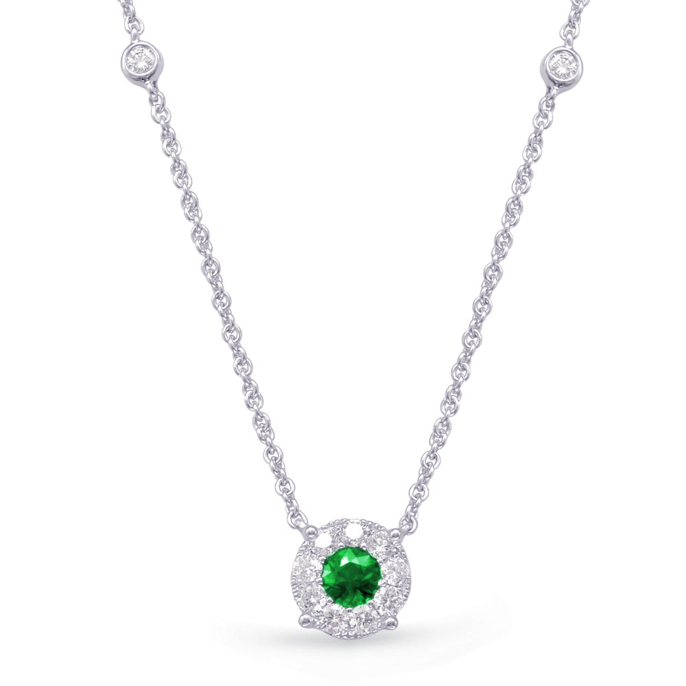 This Necklace is available in 14K White Gold. There are a total of 14 stones. There are Emerald with a total carat weight of 0.31 set in a Bezel Set|Micro Prong|Prong Set setting.There are Rounds stones with a total carat weight of 0.33 set in a Bezel Set|Micro Prong|Prong Set.