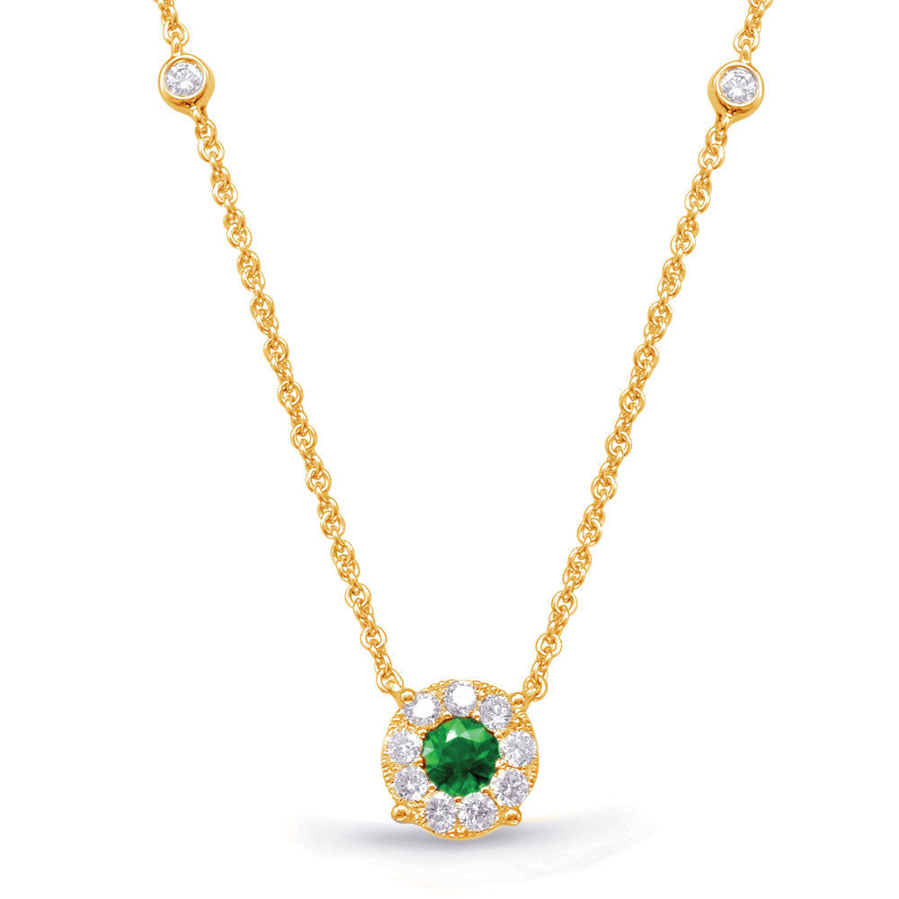 This Necklace is available in 14K Yellow Gold. There are a total of 14 stones. There are Emerald with a total carat weight of 0.31 set in a Bezel Set|Micro Prong|Prong Set setting.There are Rounds stones with a total carat weight of 0.33 set in a Bezel Set|Micro Prong|Prong Set.
