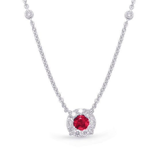 This Necklace is available in 14K White Gold. There are a total of 14 stones. There are Rounds with a total carat weight of 0.44 set in a Bezel Set|Micro Prong|Prong Set setting.There are Ruby stones with a total carat weight of 0.39 set in a Bezel Set|Micro Prong|Prong Set.