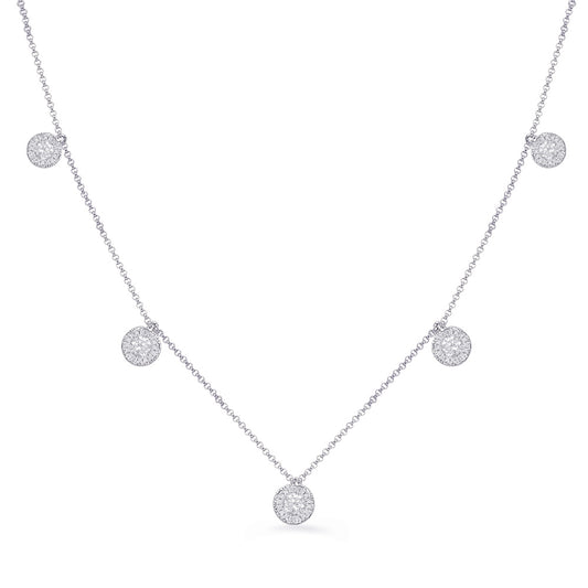 This Necklace is available in 14K White Gold. There are a total of 50 stones. There are Rounds with a total carat weight of 0.63 set in a Micro Prong|Prong Set setting.