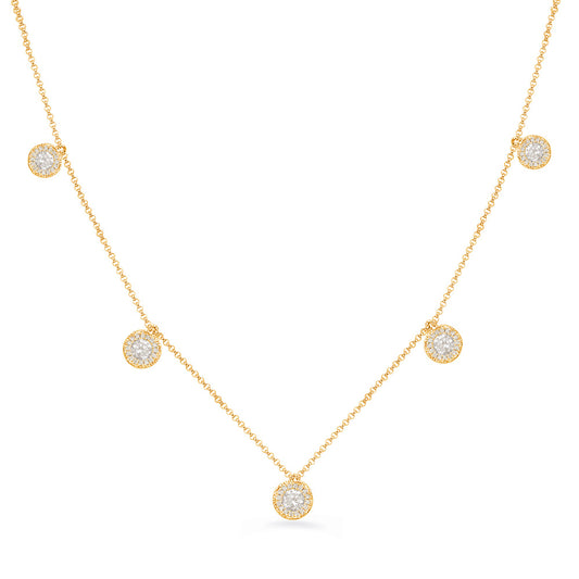 This Necklace is available in 14K Yellow Gold. There are a total of 50 stones. There are Rounds with a total carat weight of 0.63 set in a Micro Prong|Prong Set setting.