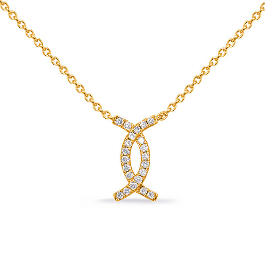 This Necklace is available in 14K Yellow Gold. There are a total of 26 stones. There are Rounds with a total carat weight of 0.22 set in a Bezel Set|Micro Pave setting.