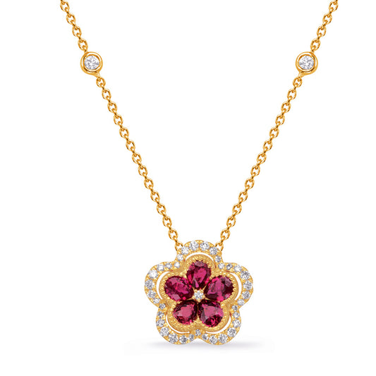 This Necklace is available in 14K Yellow Gold. There are a total of 45 stones. There are Rounds with a total carat weight of 0.29 set in a Bezel Set|Channel Set|Micro Pave setting.There are Ruby stones with a total carat weight of 0.85 set in a Bezel Set|Channel Set|Micro Pave.