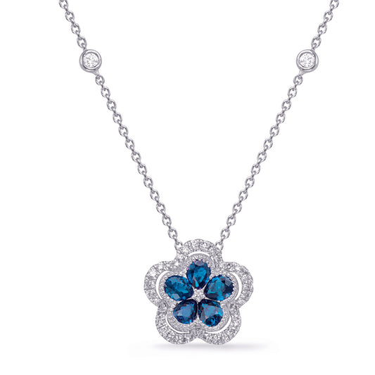 This Necklace is available in 14K White Gold. There are a total of 45 stones. There are Rounds with a total carat weight of 0.29 set in a Bezel Set|Channel Set|Micro Pave setting.There are Sapphire stones with a total carat weight of 0.9 set in a Bezel Set|Channel Set|Micro Pave.