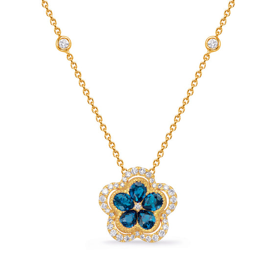 This Necklace is available in 14K Yellow Gold. There are a total of 45 stones. There are Rounds with a total carat weight of 0.29 set in a Bezel Set|Channel Set|Micro Pave setting.There are Sapphire stones with a total carat weight of 0.9 set in a Bezel Set|Channel Set|Micro Pave.