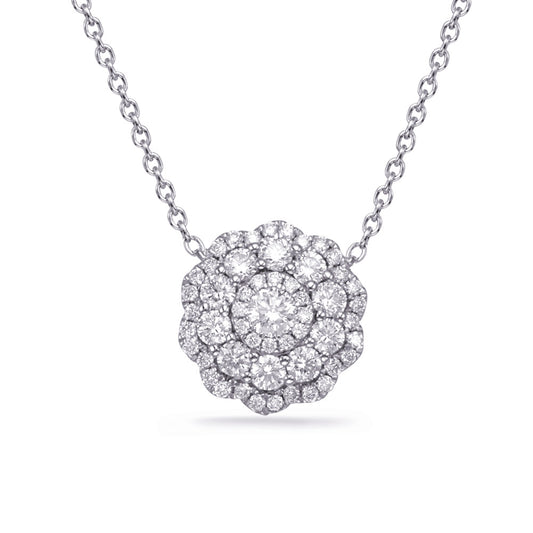 This Necklace is available in 14K White Gold. There are a total of 53 stones. There are Rounds with a total carat weight of 0.71 set in a Micro Pave|Prong Set setting.