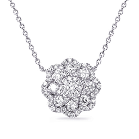 This Necklace is available in 14K White Gold. There are a total of 58 stones. There are Rounds with a total carat weight of 0.77 set in a Micro Pave setting.