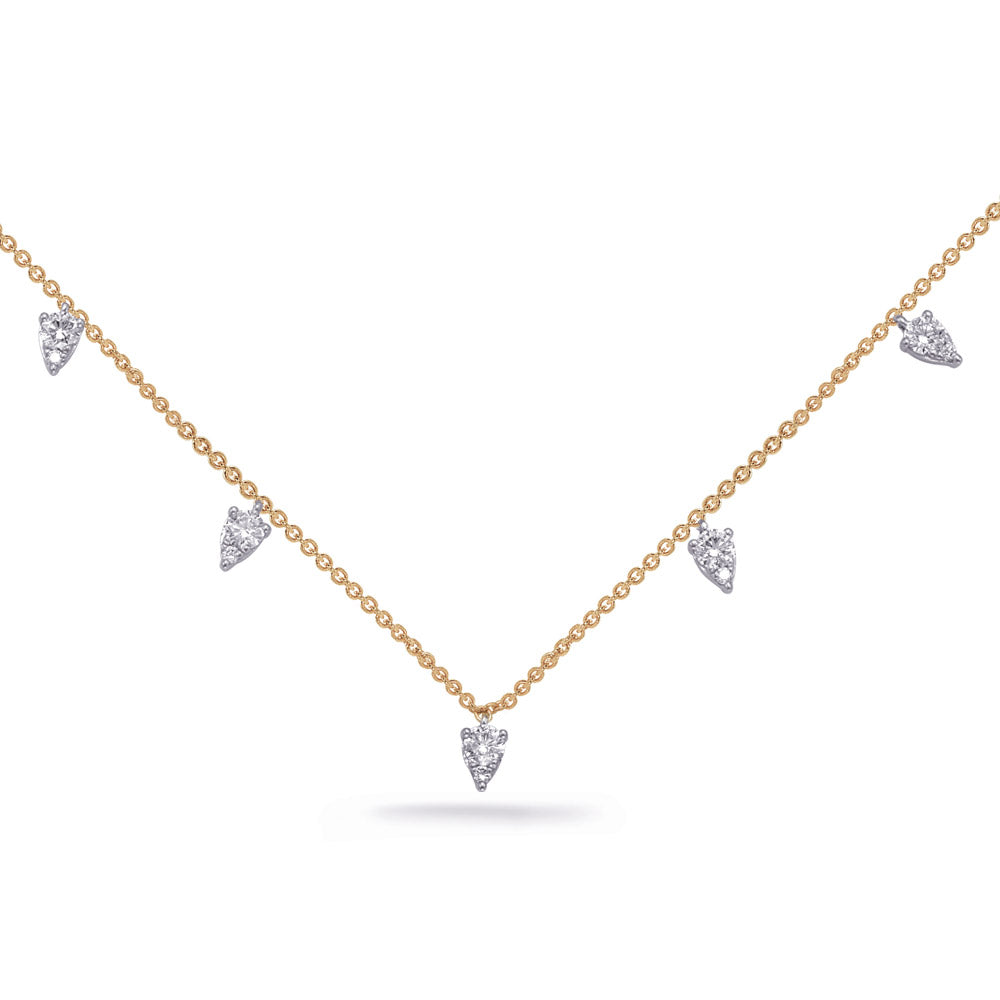 This Necklace is available in 14K Yellow & White Gold. There are a total of 10 stones. There are Rounds with a total carat weight of 0.44 set in a Micro Prong setting.