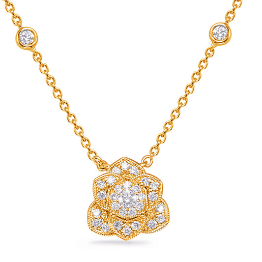 This Necklace is available in 14K Yellow Gold. There are a total of 32 stones. There are Rounds with a total carat weight of 0.27 set in a Bezel Set|Micro Pave|Prong Set setting.