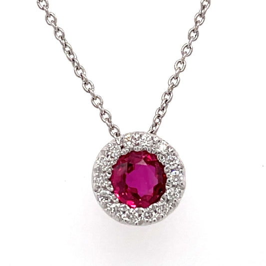 This Necklace is available in 14K White Gold. There are a total of 15 stones. There are Rounds with a total carat weight of 0.07 set in a  setting.There are Ruby stones with a total carat weight of 0.36 set in a .