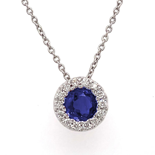 This Necklace is available in 14K White Gold. There are a total of 15 stones. There are Rounds with a total carat weight of 0.07 set in a  setting.There are Sapphire stones with a total carat weight of 0.39 set in a .